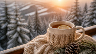 Tasse de tisane au citron sur un plaid en tricot, paysage enneigé